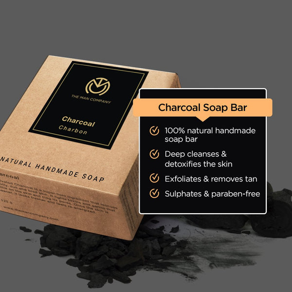 Charcoal Soap Bar. 100% natural handmade soap bar. Deep cleanses & detoxifies the skin. Exfoliates & removes tan. Sulphates & paraben-free.